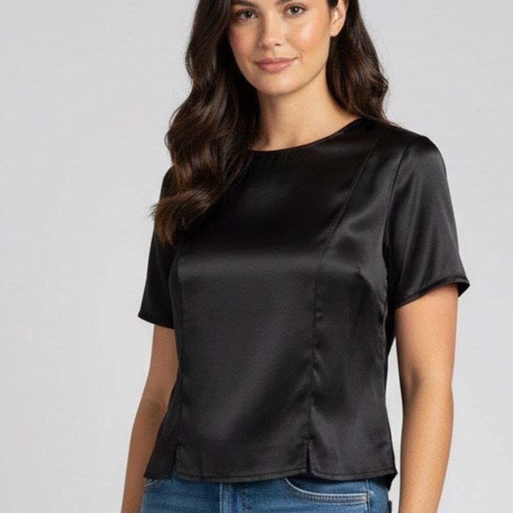Vintage Jaclyn Smith Classics Black Satin Cropped Back Button Blouse